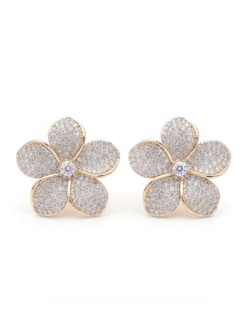 Gold Tone Cubic Zirconia Flower Earrings